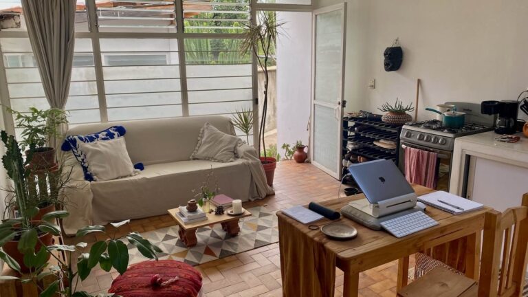 My living room in my apartment in Oaxaca, Mexico. White couch with pillows, many plants, small kitchen and my work table with computer.