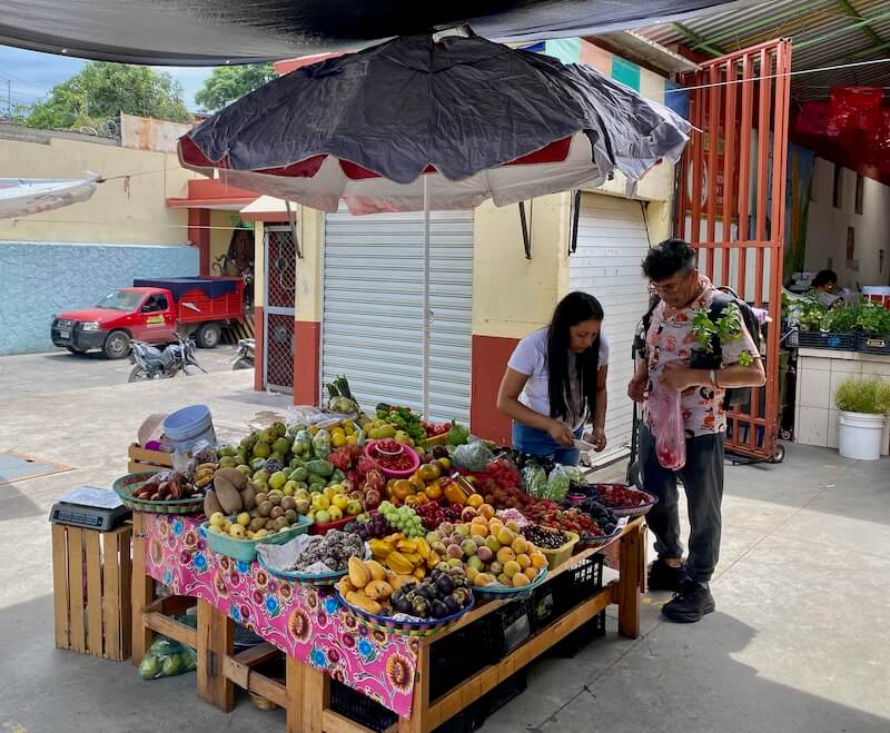 Small fruit and vegetable stand with someone shopping outside the entrance to Mercado Sanchez Pascuas in Oaxaca City.